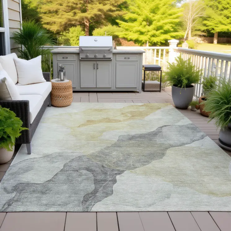 10' X 14' Beige And Gold Abstract Washable Indoor Outdoor Area Rug