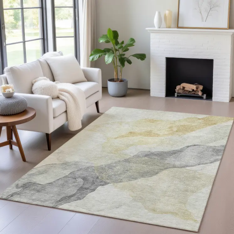 10' X 14' Beige And Gold Abstract Washable Indoor Outdoor Area Rug