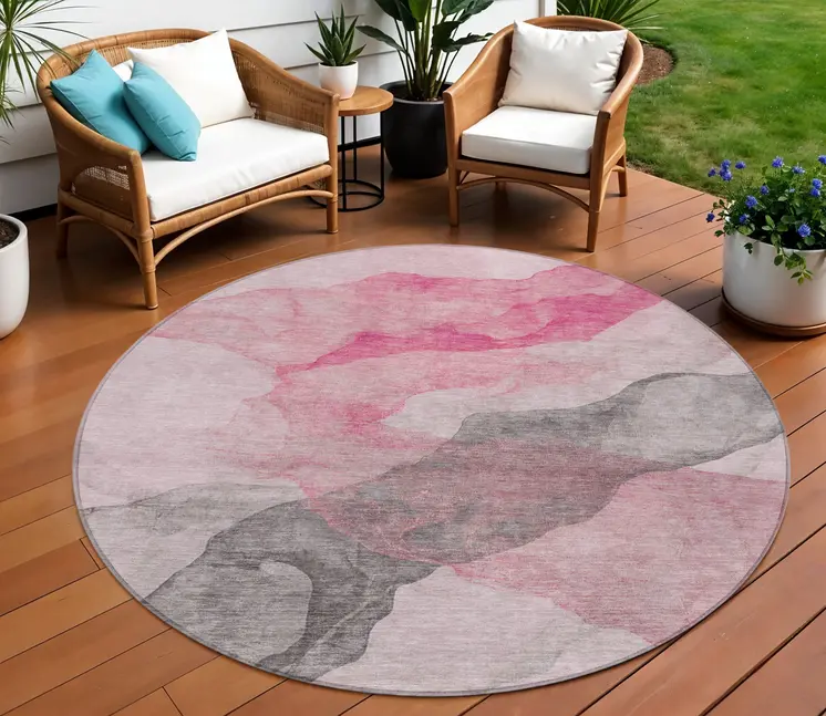 8' Blush And Gray Round Abstract Washable Indoor Outdoor Area Rug