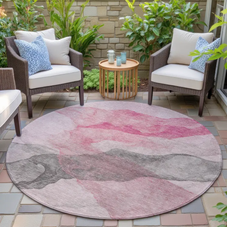 8' Blush And Gray Round Abstract Washable Indoor Outdoor Area Rug