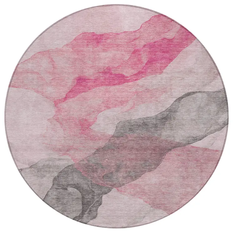 8' Blush And Gray Round Abstract Washable Indoor Outdoor Area Rug