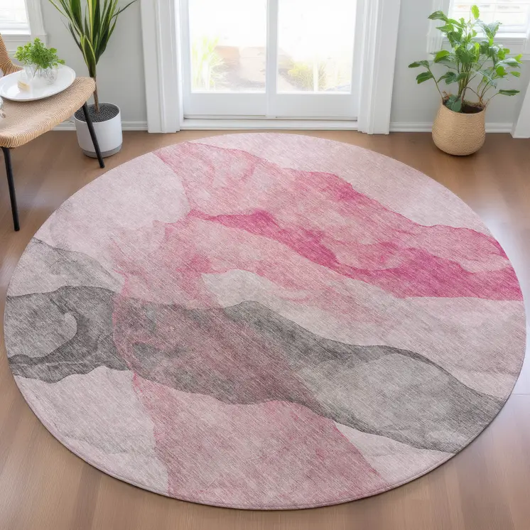 8' Blush And Gray Round Abstract Washable Indoor Outdoor Area Rug