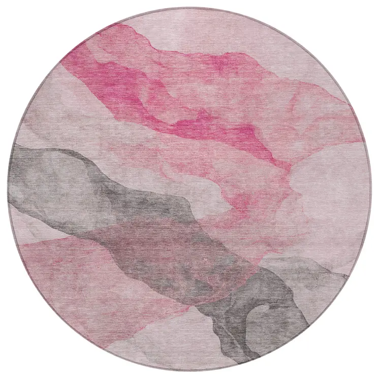 8' Blush And Gray Round Abstract Washable Indoor Outdoor Area Rug