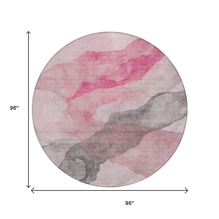 8' Blush And Gray Round Abstract Washable Indoor Outdoor Area Rug