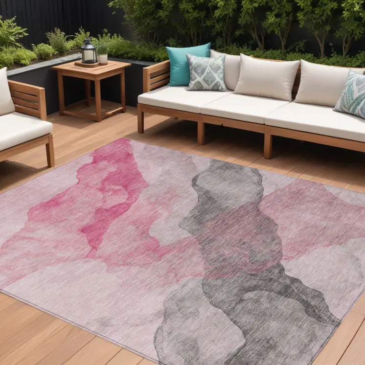 8' X 10' Blush And Gray Abstract Washable Indoor Outdoor Area Rug