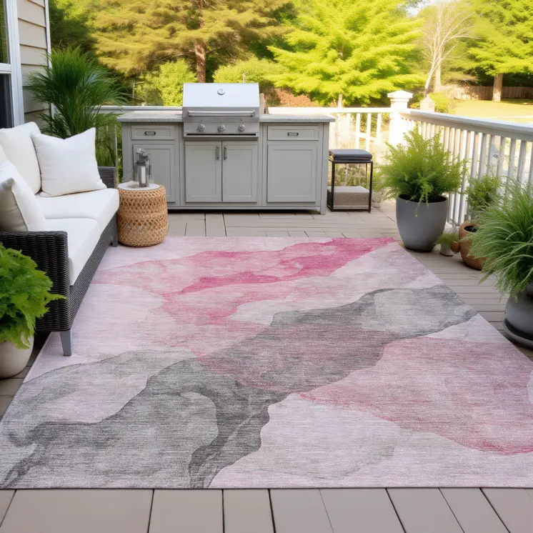 8' X 10' Blush And Gray Abstract Washable Indoor Outdoor Area Rug