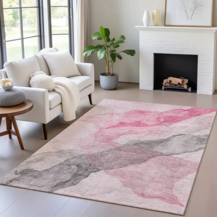 10' X 14' Blush And Gray Abstract Washable Indoor Outdoor Area Rug