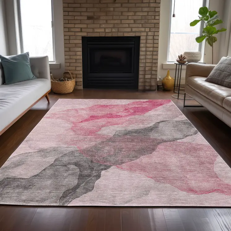 10' X 14' Blush And Gray Abstract Washable Indoor Outdoor Area Rug