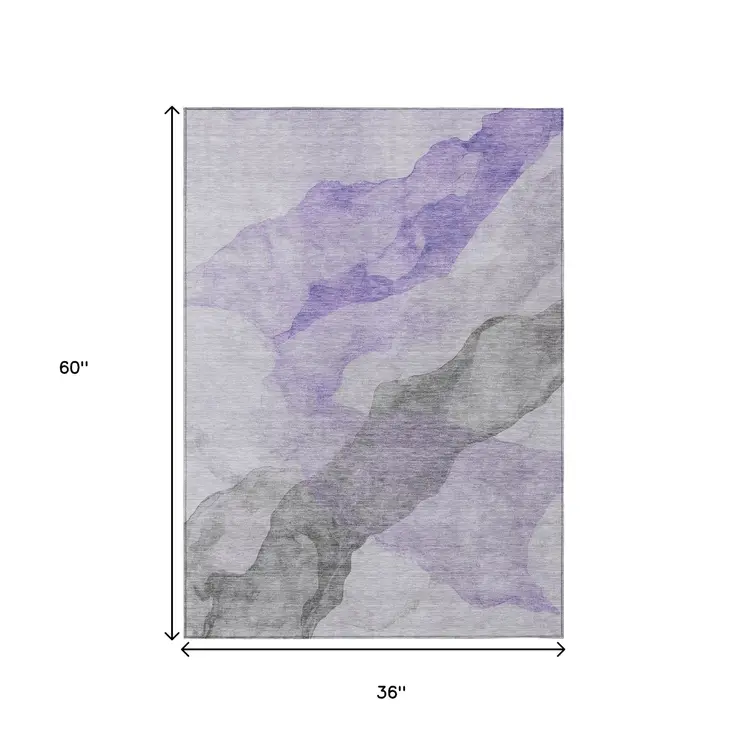 3' X 5' Lavender And Gray Abstract Washable Indoor Outdoor Area Rug