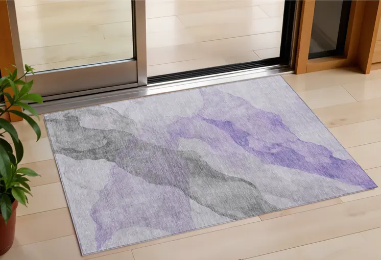 3' X 5' Lavender And Gray Abstract Washable Indoor Outdoor Area Rug