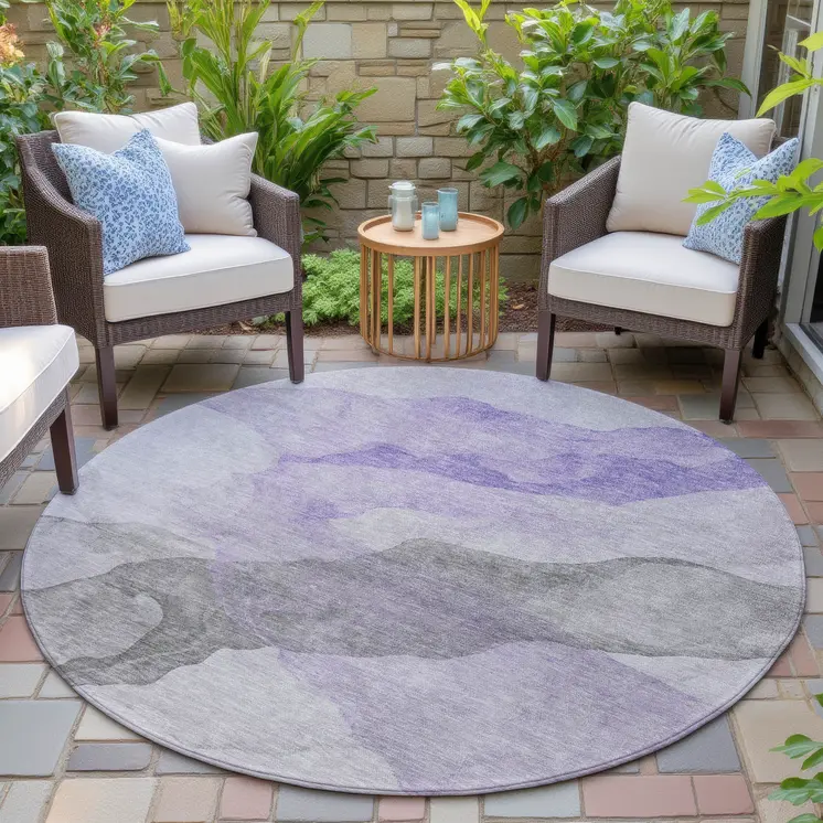 8' Lavender And Gray Round Abstract Washable Indoor Outdoor Area Rug
