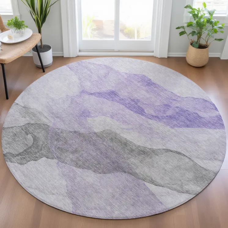 8' Lavender And Gray Round Abstract Washable Indoor Outdoor Area Rug