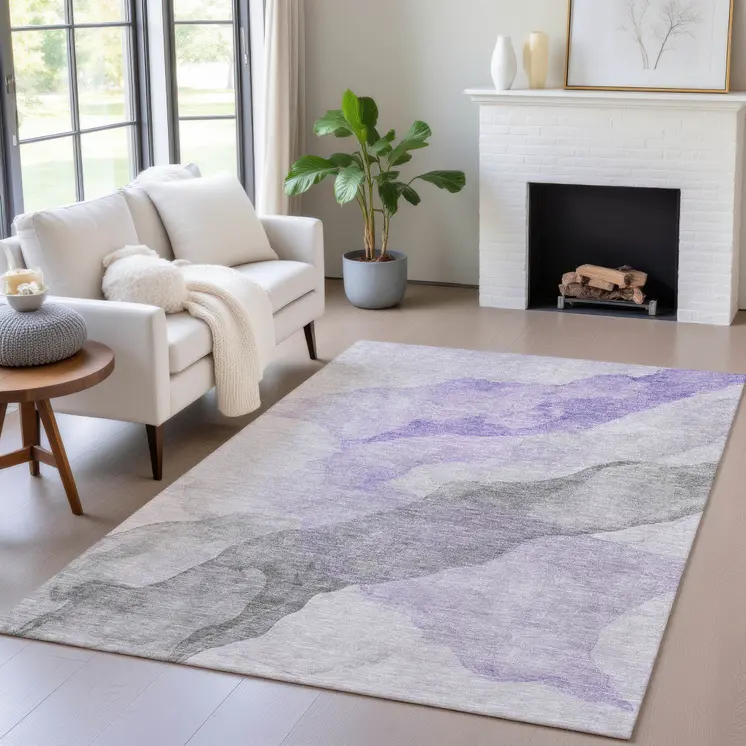 9' X 12' Lavender And Gray Abstract Washable Indoor Outdoor Area Rug