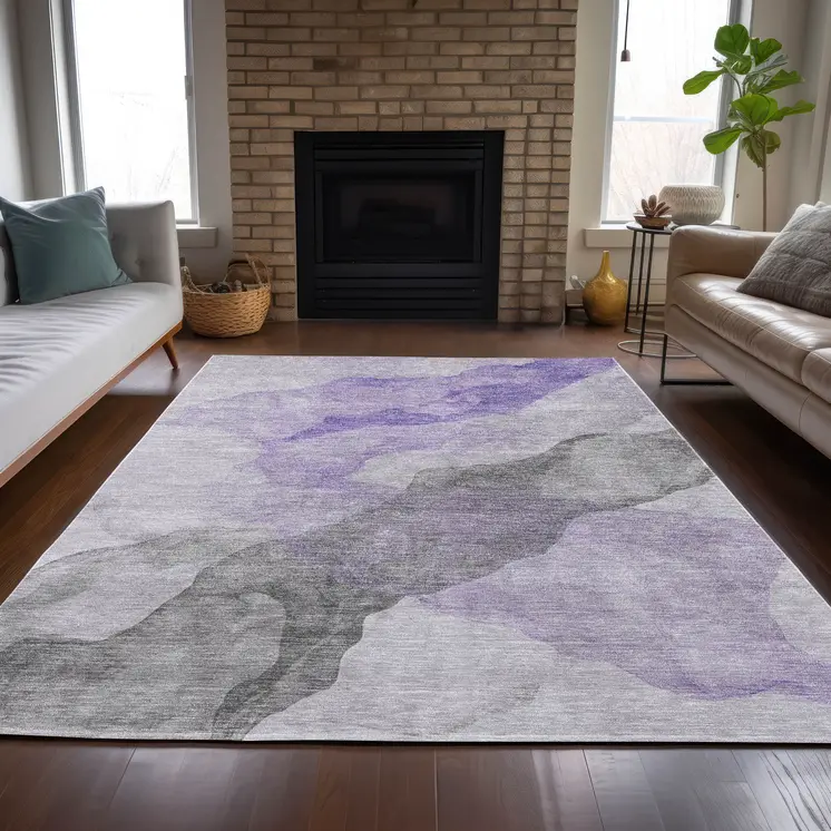 9' X 12' Lavender And Gray Abstract Washable Indoor Outdoor Area Rug
