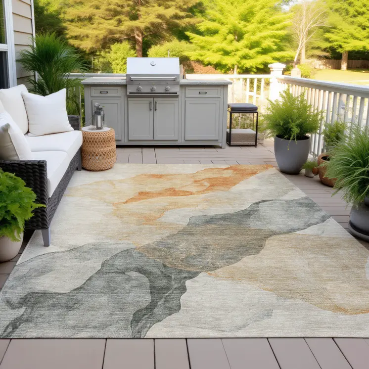 5' X 8' Orange And Gray Abstract Washable Indoor Outdoor Area Rug