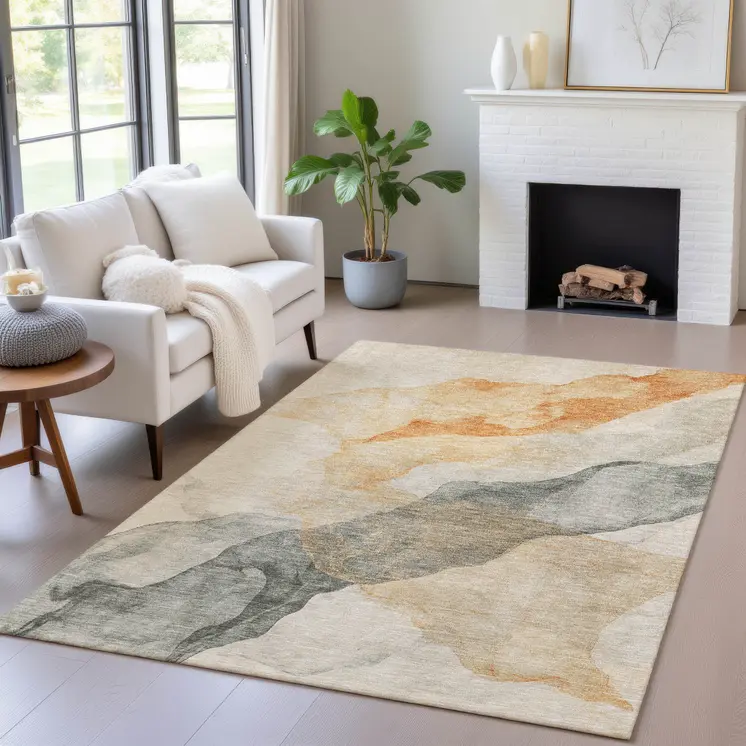 5' X 8' Orange And Gray Abstract Washable Indoor Outdoor Area Rug