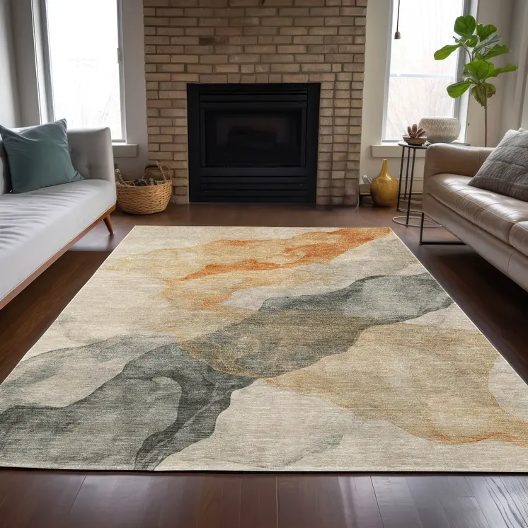 5' X 8' Orange And Gray Abstract Washable Indoor Outdoor Area Rug
