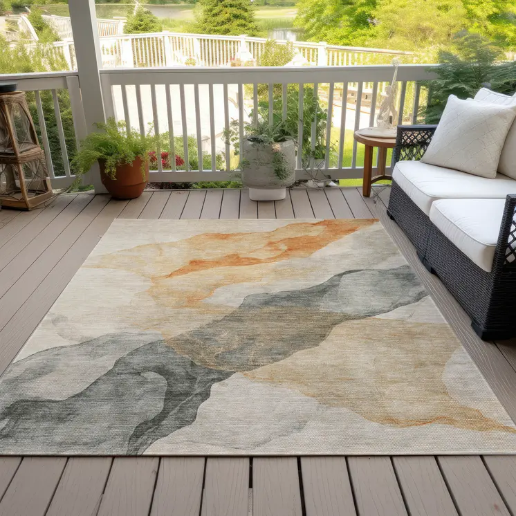 5' X 8' Orange And Gray Abstract Washable Indoor Outdoor Area Rug
