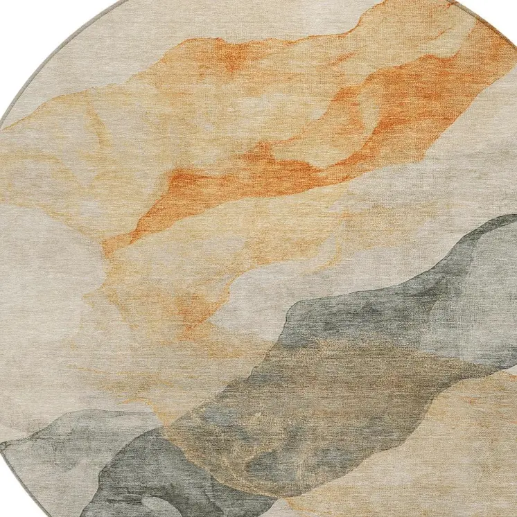 8' Orange And Gray Round Abstract Washable Indoor Outdoor Area Rug