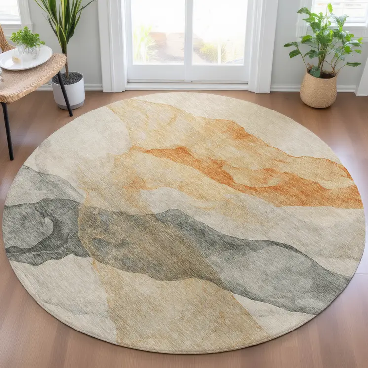 8' Orange And Gray Round Abstract Washable Indoor Outdoor Area Rug