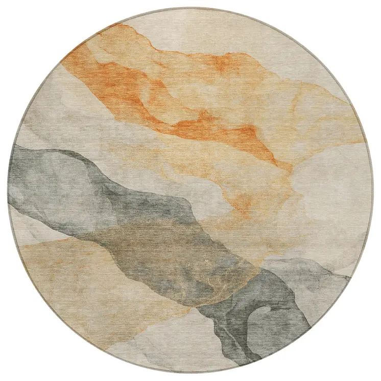 8' Orange And Gray Round Abstract Washable Indoor Outdoor Area Rug