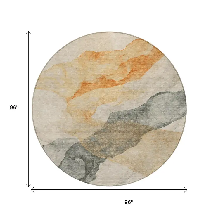 8' Orange And Gray Round Abstract Washable Indoor Outdoor Area Rug