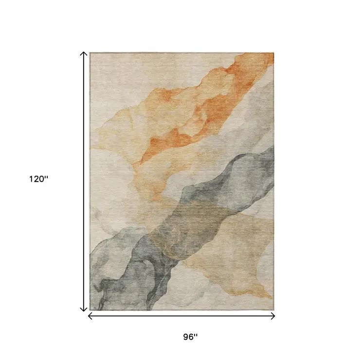 8' X 10' Orange And Gray Abstract Washable Indoor Outdoor Area Rug