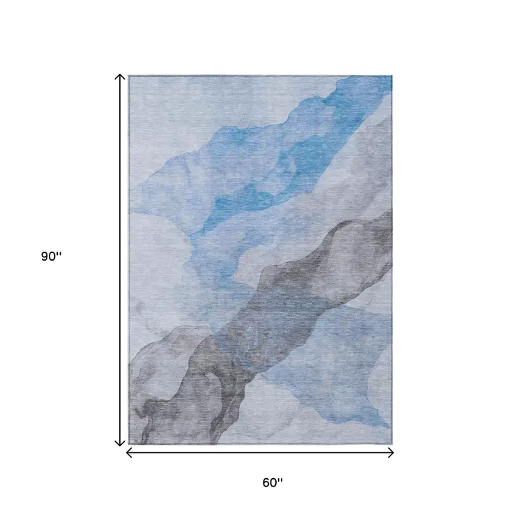 5' X 8' Sky Blue And Gray Abstract Washable Indoor Outdoor Area Rug