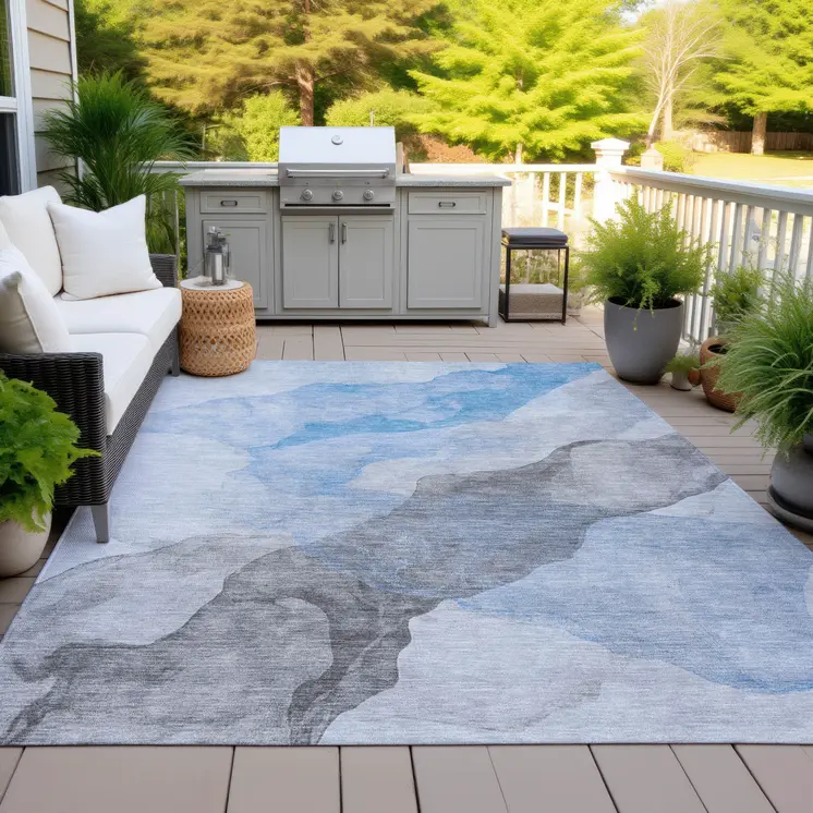 5' X 8' Sky Blue And Gray Abstract Washable Indoor Outdoor Area Rug