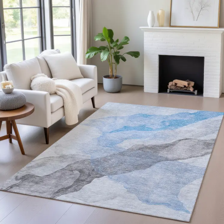 5' X 8' Sky Blue And Gray Abstract Washable Indoor Outdoor Area Rug