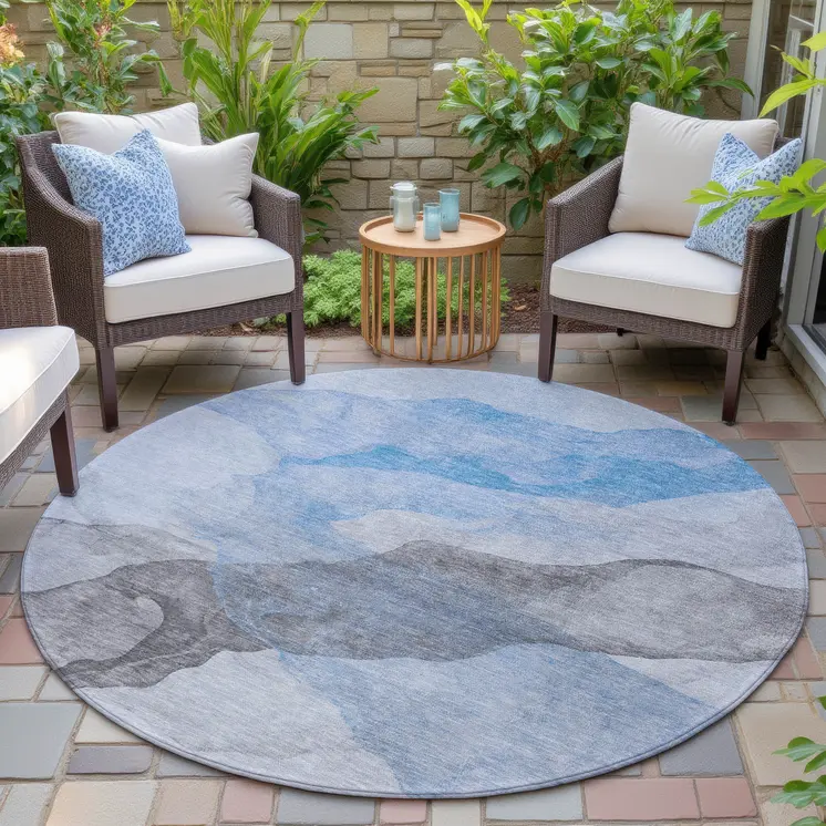 8' Sky Blue And Gray Round Abstract Washable Indoor Outdoor Area Rug