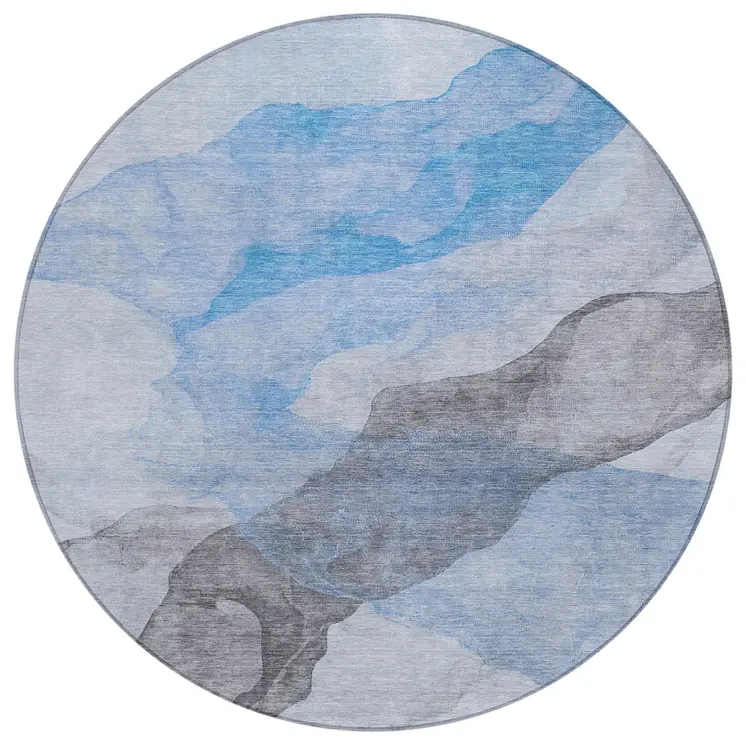 8' Sky Blue And Gray Round Abstract Washable Indoor Outdoor Area Rug