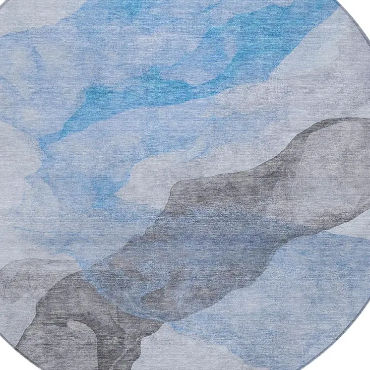 8' Sky Blue And Gray Round Abstract Washable Indoor Outdoor Area Rug