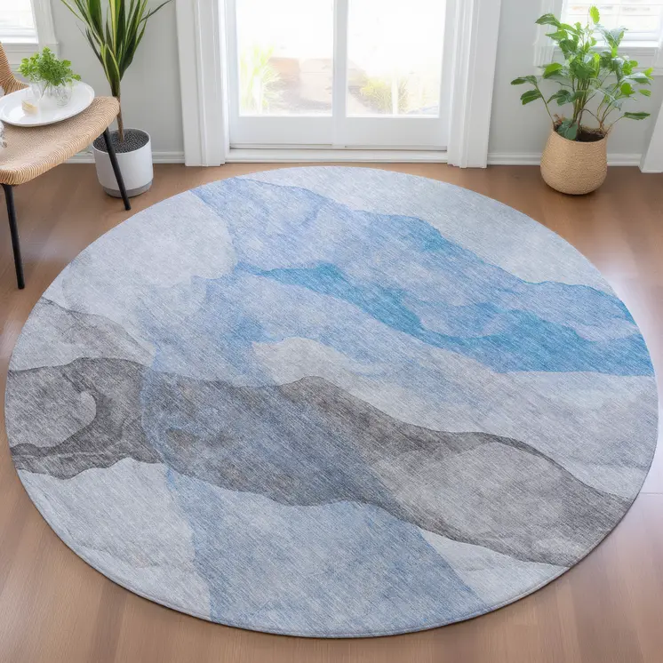8' Sky Blue And Gray Round Abstract Washable Indoor Outdoor Area Rug