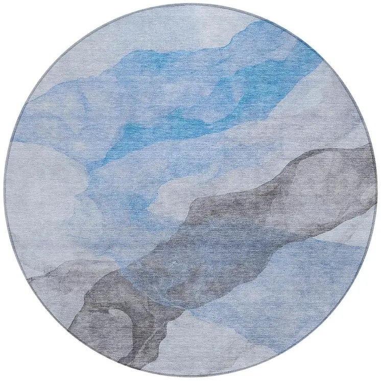 8' Sky Blue And Gray Round Abstract Washable Indoor Outdoor Area Rug