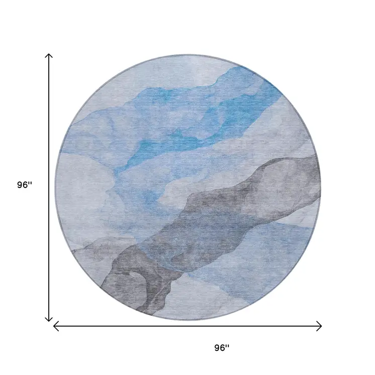 8' Sky Blue And Gray Round Abstract Washable Indoor Outdoor Area Rug