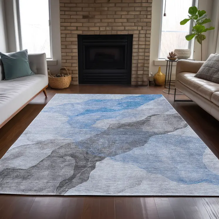 10' X 14' Sky Blue And Gray Abstract Washable Indoor Outdoor Area Rug