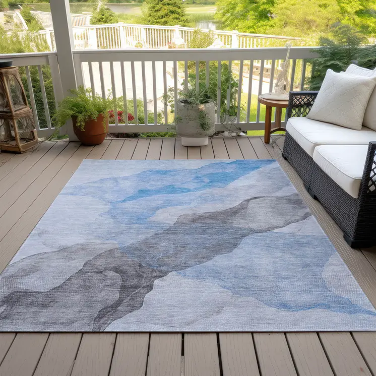10' X 14' Sky Blue And Gray Abstract Washable Indoor Outdoor Area Rug