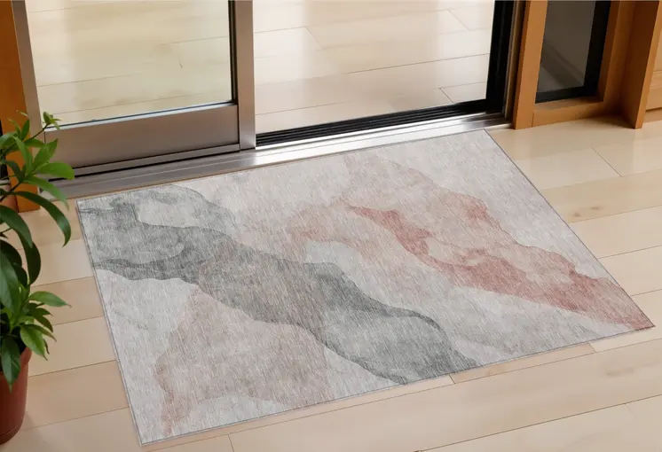 3' X 5' Salmon And Gray Abstract Washable Indoor Outdoor Area Rug