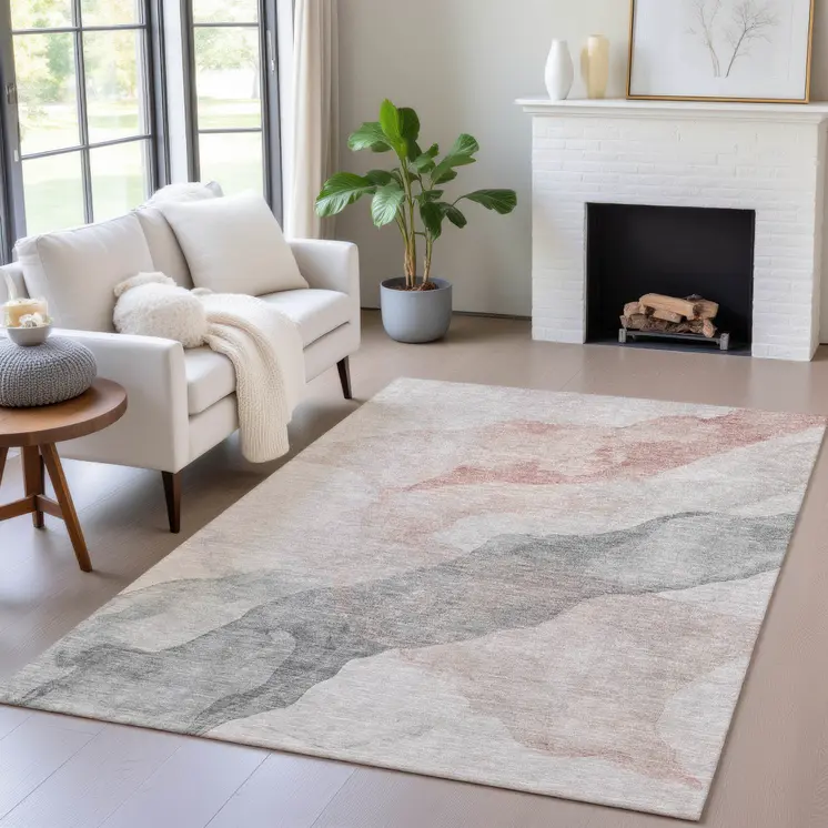3' X 5' Salmon And Gray Abstract Washable Indoor Outdoor Area Rug