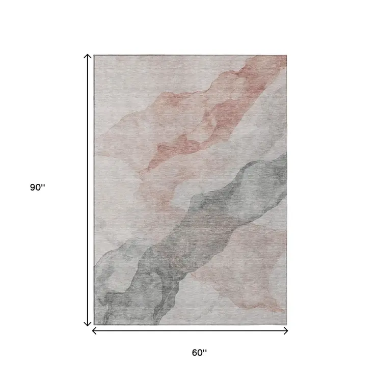 5' X 8' Salmon And Gray Abstract Washable Indoor Outdoor Area Rug