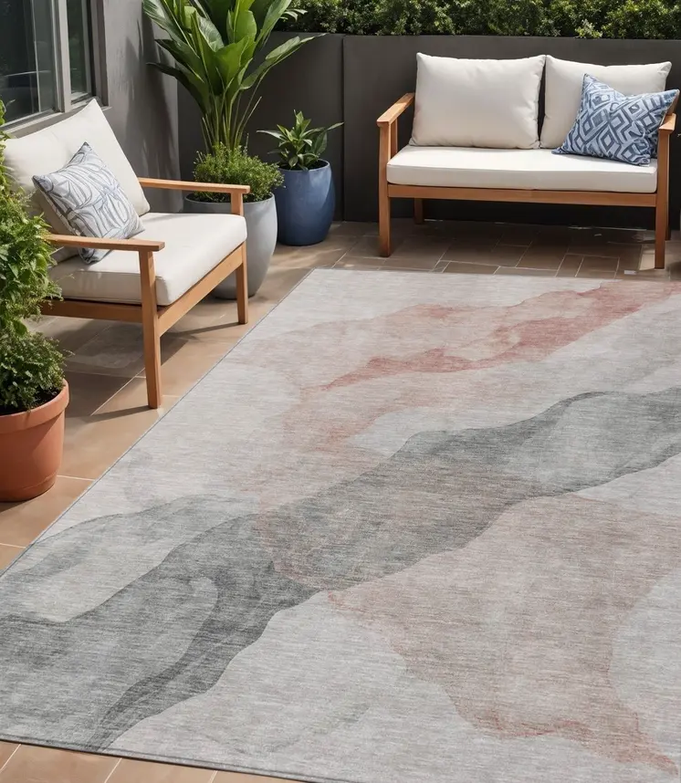 5' X 8' Salmon And Gray Abstract Washable Indoor Outdoor Area Rug