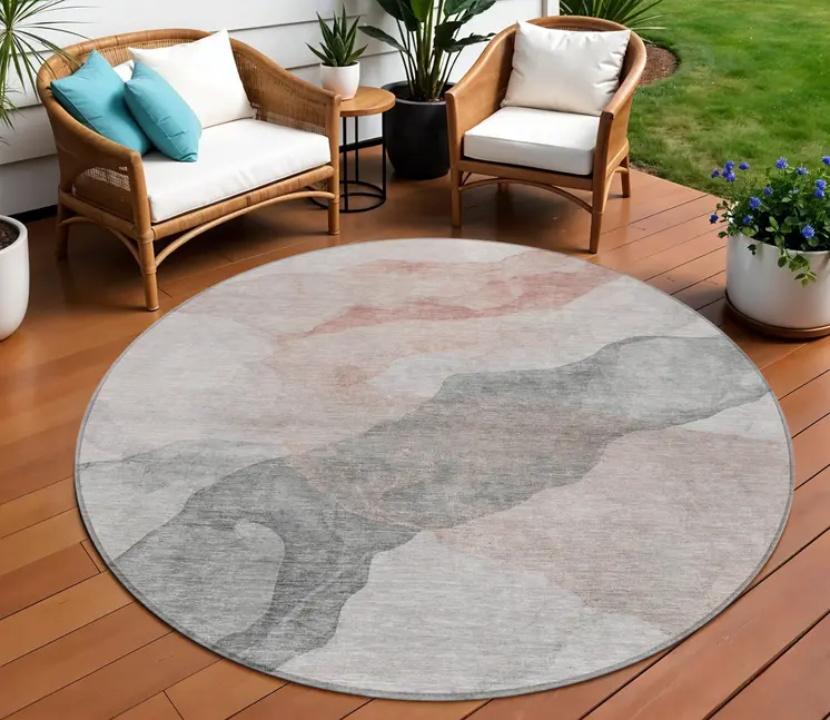 8' Salmon And Gray Round Abstract Washable Indoor Outdoor Area Rug