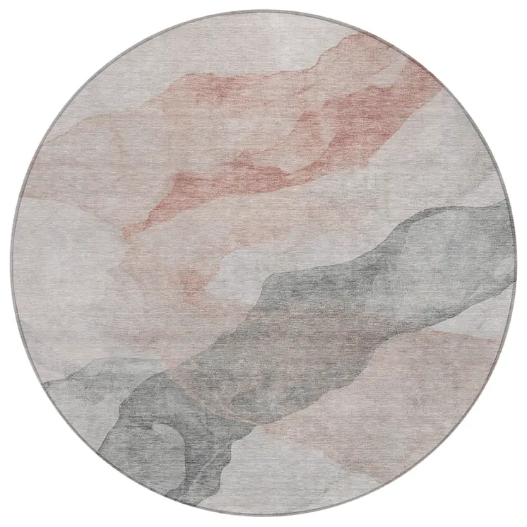 8' Salmon And Gray Round Abstract Washable Indoor Outdoor Area Rug