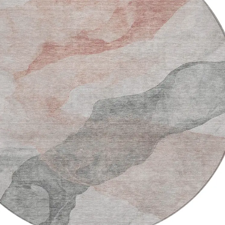 8' Salmon And Gray Round Abstract Washable Indoor Outdoor Area Rug