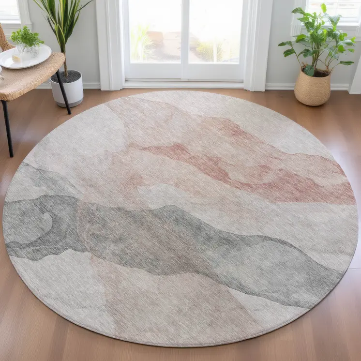 8' Salmon And Gray Round Abstract Washable Indoor Outdoor Area Rug