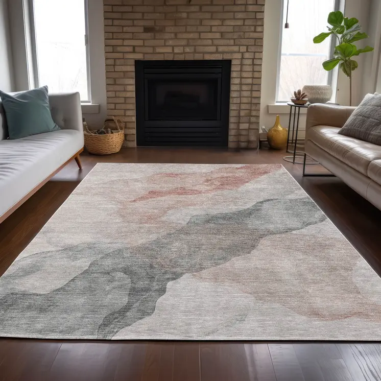 8' X 10' Salmon And Gray Abstract Washable Indoor Outdoor Area Rug