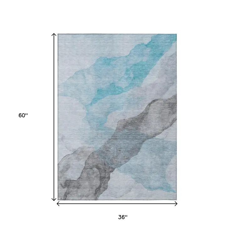 3' X 5' Teal Blue And Gray Abstract Washable Indoor Outdoor Area Rug