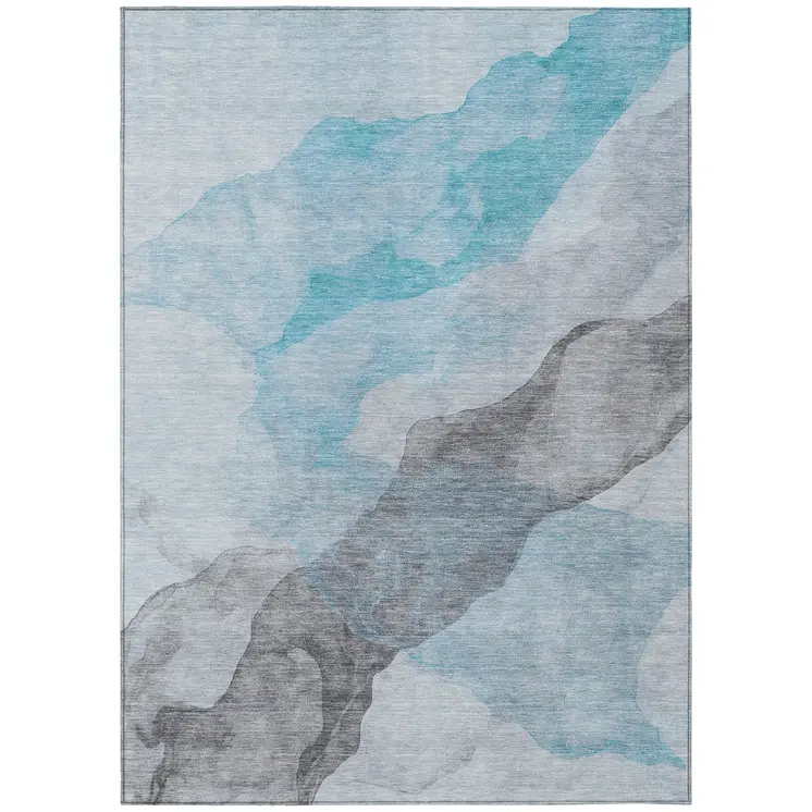 3' X 5' Teal Blue And Gray Abstract Washable Indoor Outdoor Area Rug