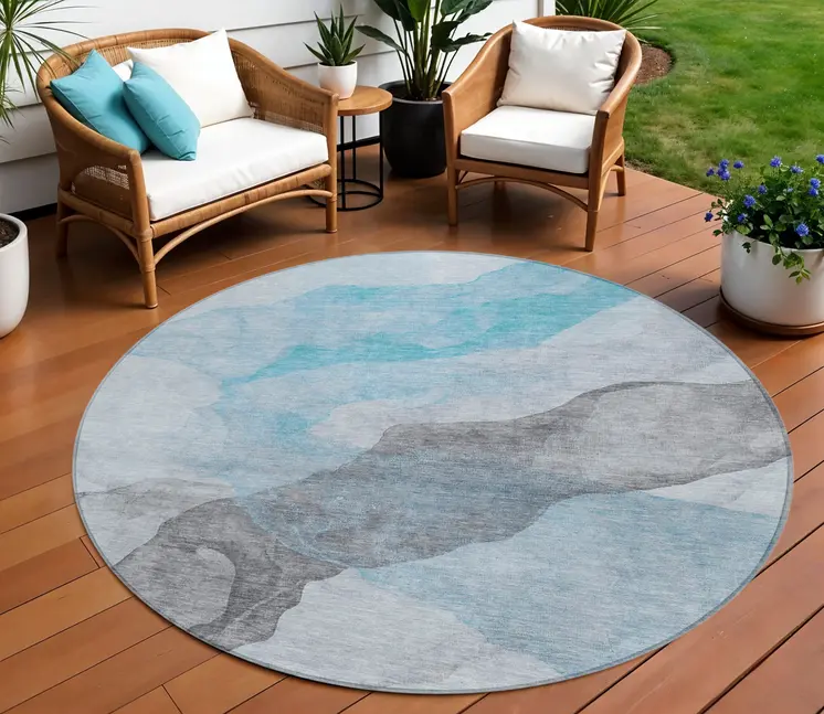 8' Teal Blue And Gray Round Abstract Washable Indoor Outdoor Area Rug